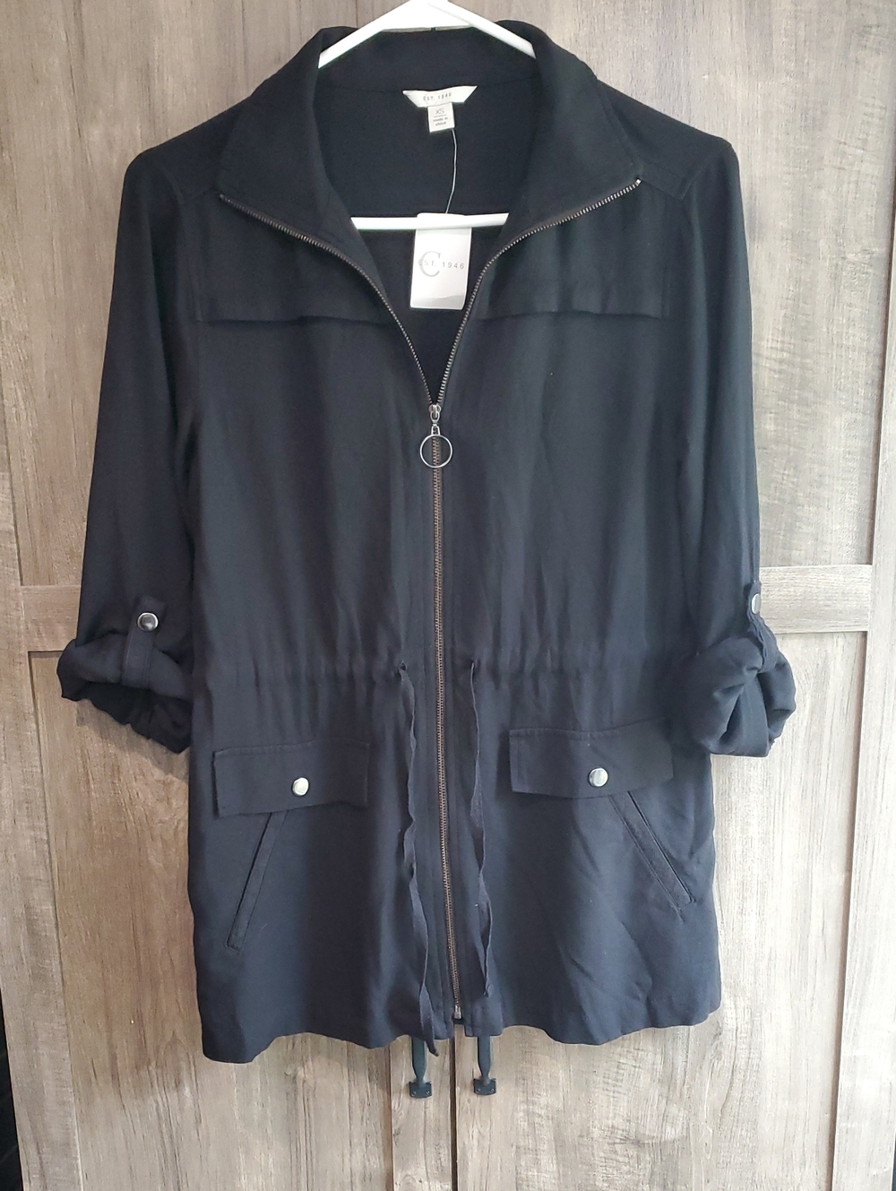 Lightweight Black Utility Jacket with Drawstring Waist